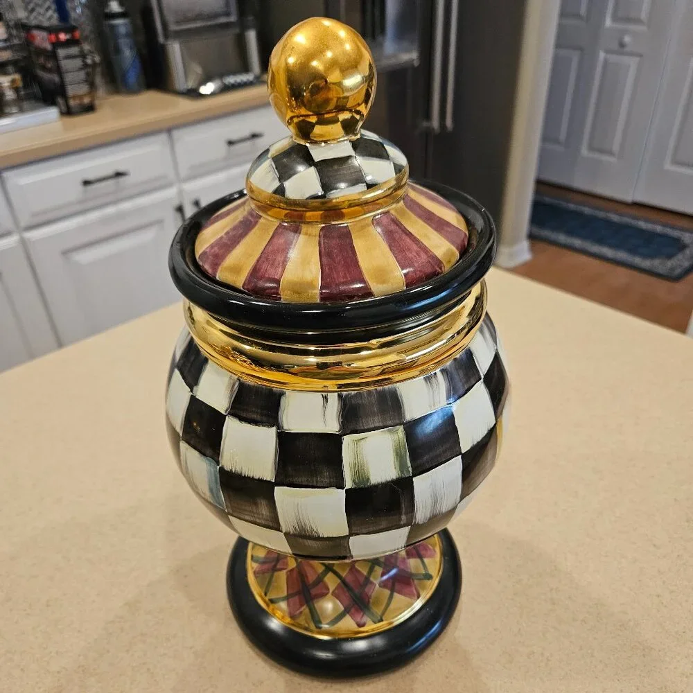 RARE MACKENZIE CHILDS ARGYLE PLAID AURORA CERAMIC GLOBE STORAGE CANISTER JAR
